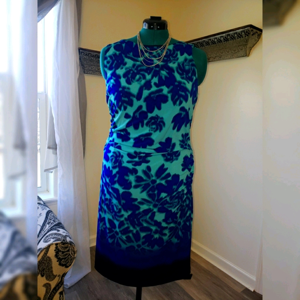 Ruched Sleeveless Turguoise & Navy Flocked Dress